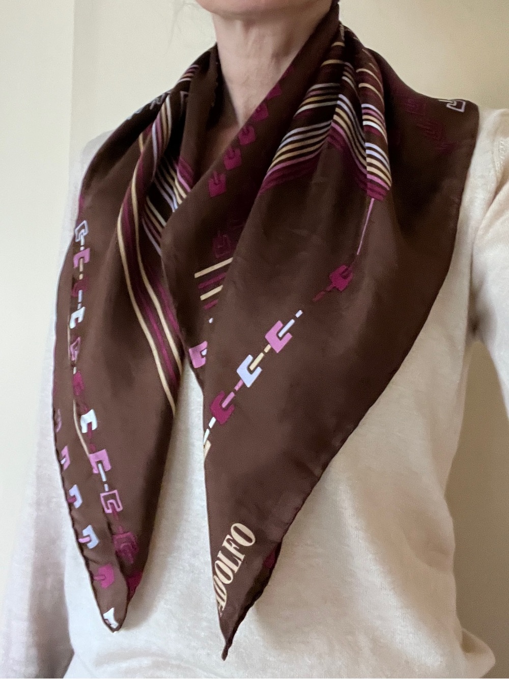 Vintage Adolfo Silk Scarf - Brown Geometric Print (Read Description/Flawed)